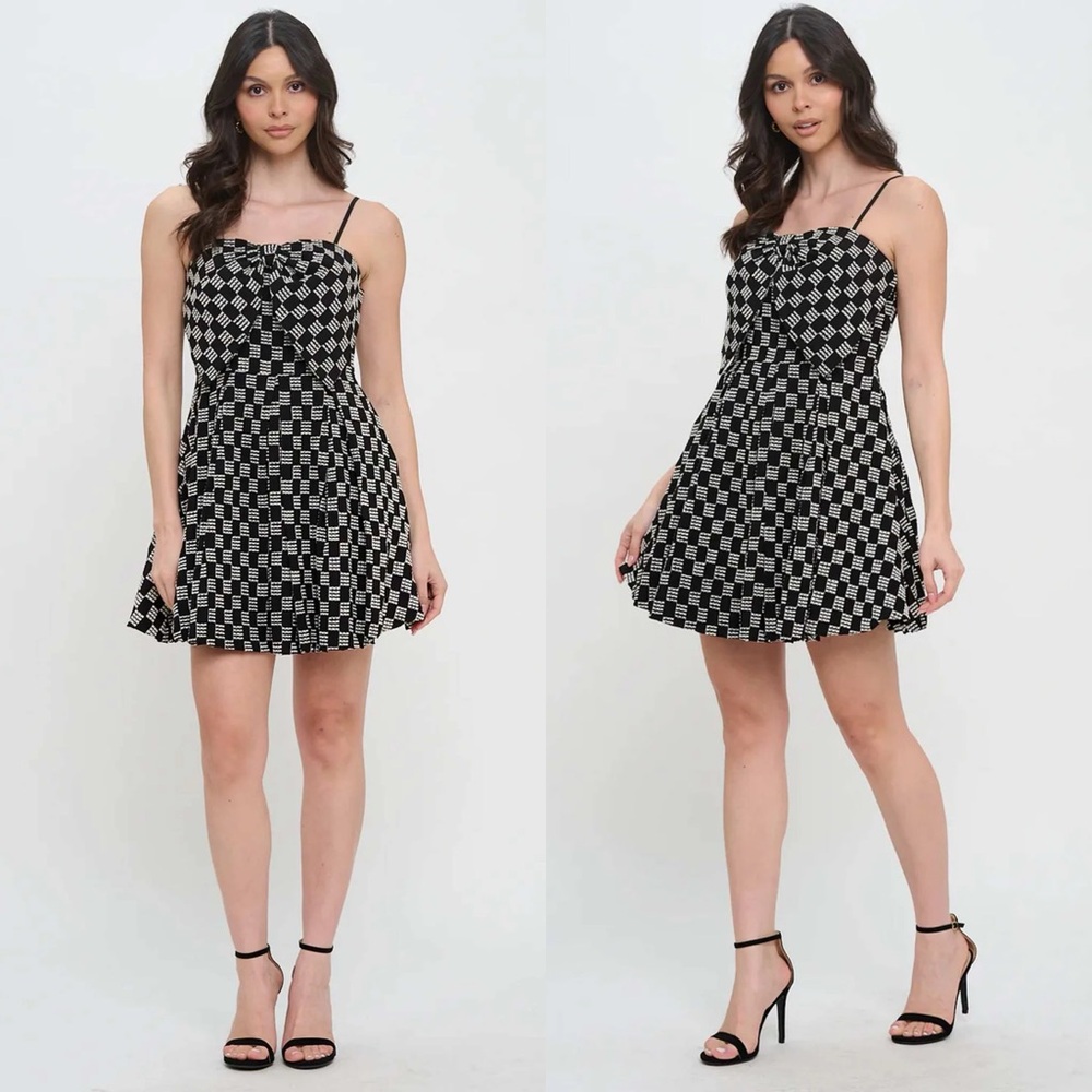 Black & White Checked Spaghetti Strap Mini Dress